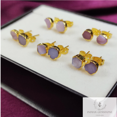 Raw Pink Opal Earrings, Gemstone Stud Earrings, Gold Plated Earrings, Electroplated Earrings, Fashion Earrings, Rough Pink Opal Studs, Gifts