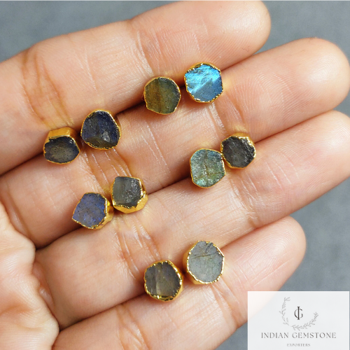 Natural Blue Fire Labradorite Stud, Rough Labradorite Stud Earrings, Electroplated Jewelry, Gold Plated Earring, Wedding Bridesmaid Gifts,