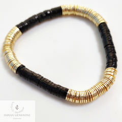 Black & Gold Heishi Bead Bracelet - Heishi Bracelets - Heishi Stacking Bracelets - Stretchable Bracelets, Tyre Beads Bracelet