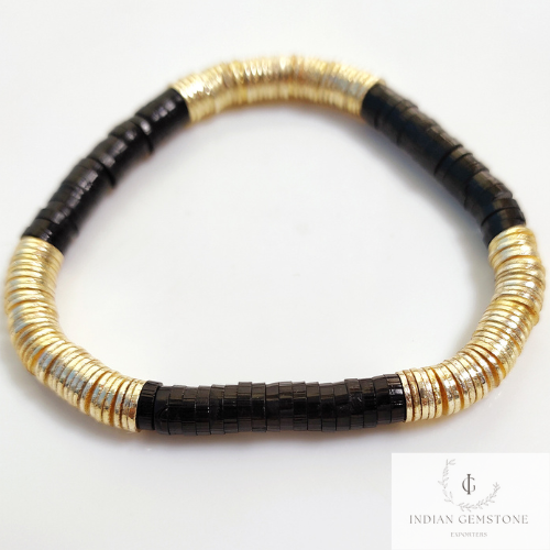 Black & Gold Heishi Bead Bracelet - Heishi Bracelets - Heishi Stacking Bracelets - Stretchable Bracelets, Tyre Beads Bracelet