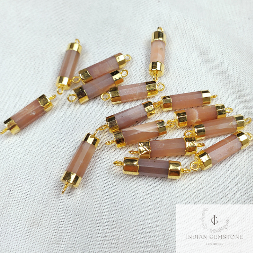 Peach Moonstone Bar Connector, Electroplated Pendent, Connector, Cylinder Tube Pendant, Double Loop Connector, DIY Jewelry Making, Gift
