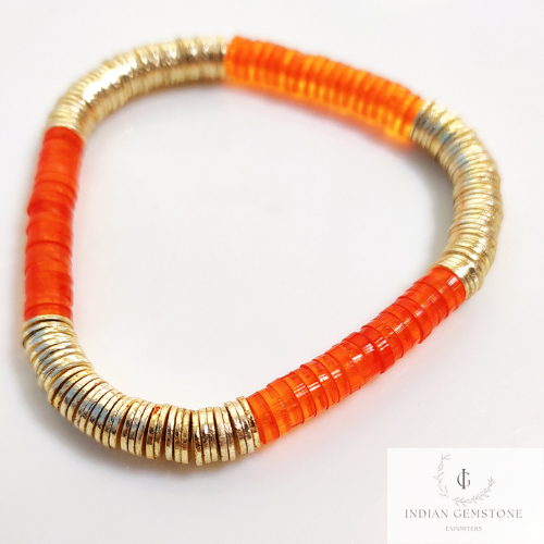 Smooth Orange & Gold Heishi Bead Bracelet - Heishi Bracelets - Heishi Stacking Bracelets - Stretchable Bracelets, Gift For Sister