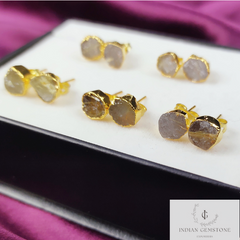 Raw Golden Rutile Gemstone Stud Earrings, Gold Plated Earrings, Electroplated Studs, Rough Healing Crystal Earrings, Dainty Boho Jewelry
