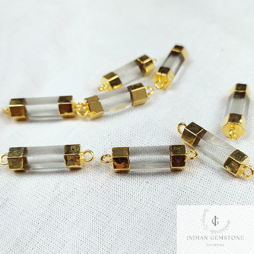 Crystal Quartz Necklace Connector, Clear Quartz Stick Connector, Electroplated Pendent, Double Bail Station Connector, DIY Jewelry Making