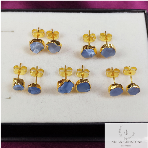 Rough Blue Opal Stud Earrings, Raw Blue Opal Earrings, Gold Plated Studs, Opal Gemstone Stud Earrings, Crystal Earrings, Fashion Earrings