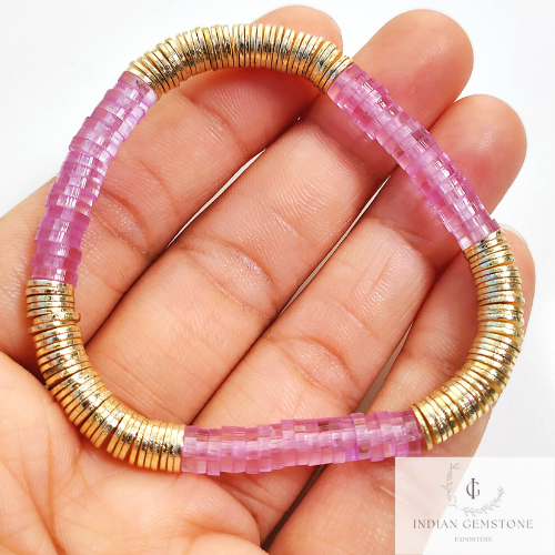 Baby Pink & Gold Heishi Bead Bracelet - Heishi Bracelets - Heishi Stacking Bracelets - Stretchable Bracelets, Women Bracelets