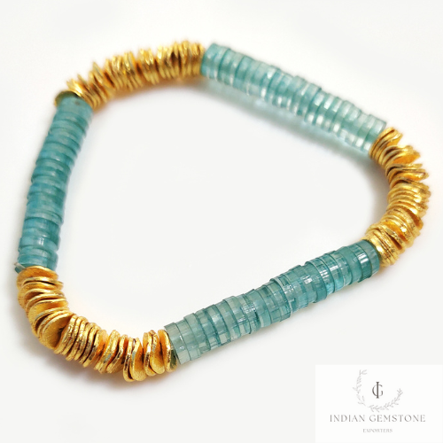 Aqua Blue & Gold Heishi Bead Bracelet - Heishi Bracelets - Heishi Stacking Bracelets - Stretchable Bracelets, Gift For Wife
