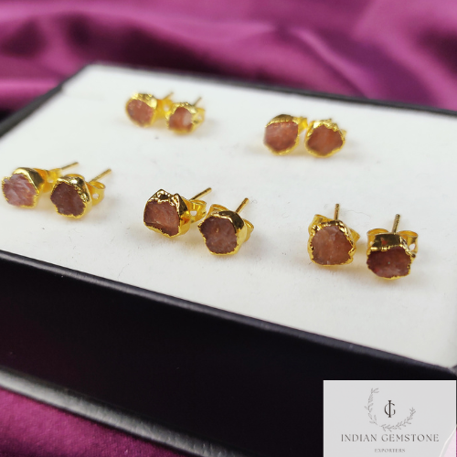Raw Sunstone Earrings, Gemstone Stud Earrings, Gold Plated Earring, Electroplated Studs Earrings, Crystal Stud Earrings, Fashion Earrings