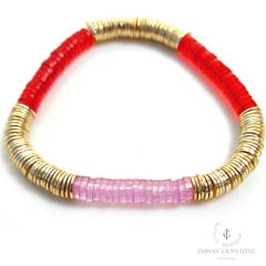 Multi Color Bead Bracelet, Gold Plated Accent Discs, Cute Bracelet Stack Beads, Stretch Bracelet, Gift Idea, Heishi Bracelet, Friendship