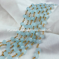 Aqua Chalcedony Beaded Chain, Blue Wire Wrapped Chain, Rosary Bead Chain, Jewelry Making Chain, DIY Chain – SELLING BY FOOT