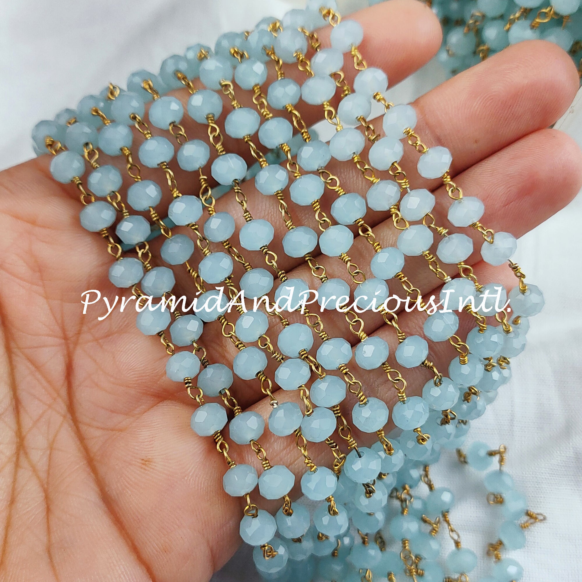 Aqua Chalcedony Beaded Chain, Blue Wire Wrapped Chain, Rosary Bead Chain, Jewelry Making Chain, DIY Chain – SELLING BY FOOT