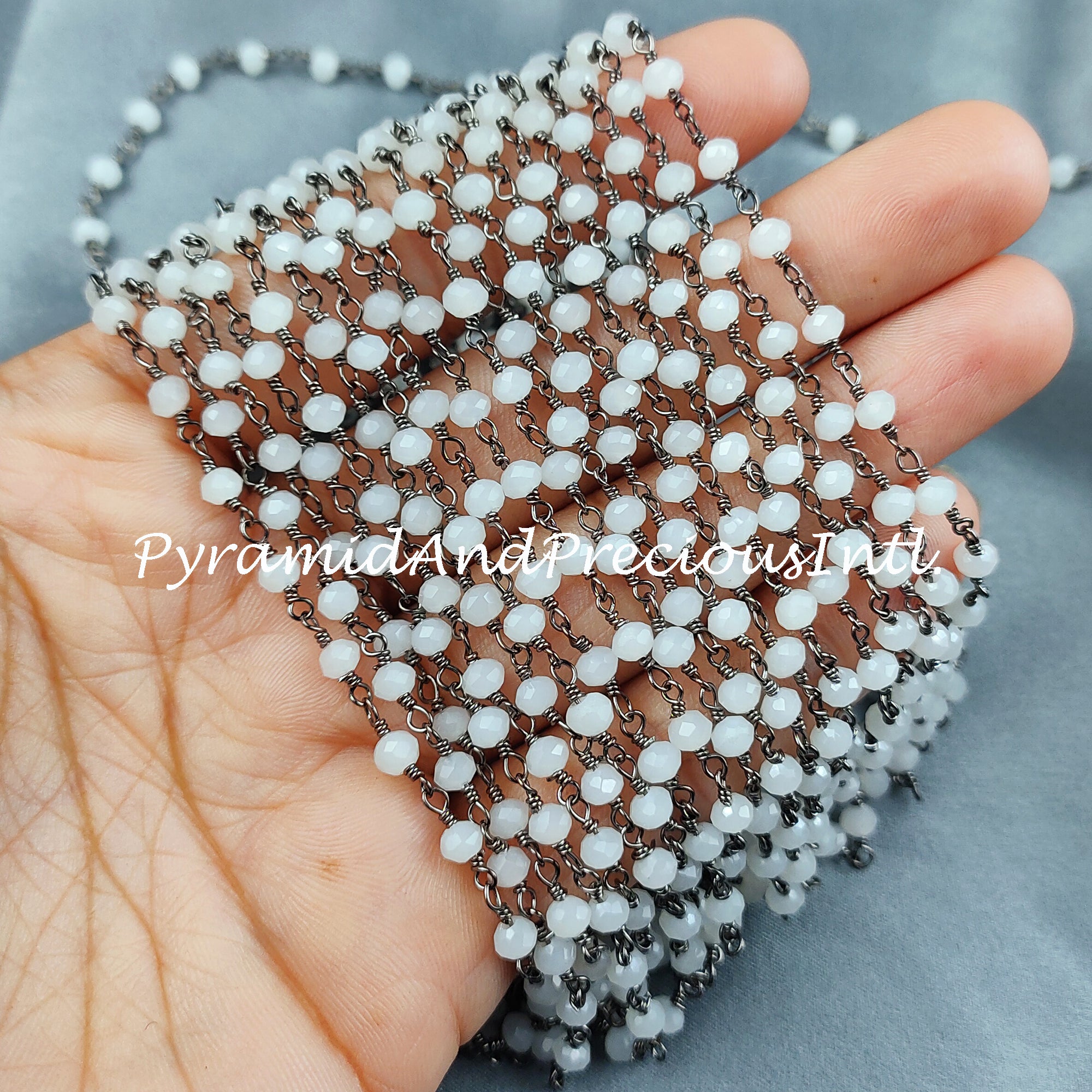 White Agate Gemstone Rosary Chain, 3.5-4mm Beads Chain, Black Plated Wire Wrapped Beaded Chain, DIY Necklace Chain – SELLING BY FOOT