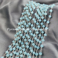 Faceted Chalcedony Wire Wrapped Beaded Chain, 4-4.5mm Beaded, Blue Chalcedony Wire Wrapped Rosary Chain – SELLING BY FOOT