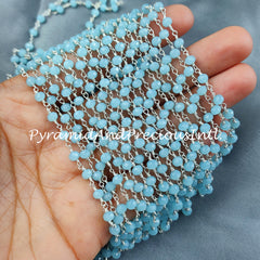 Faceted Chalcedony Wire Wrapped Beaded Chain, 4-4.5mm Beaded, Blue Chalcedony Wire Wrapped Rosary Chain – SELLING BY FOOT