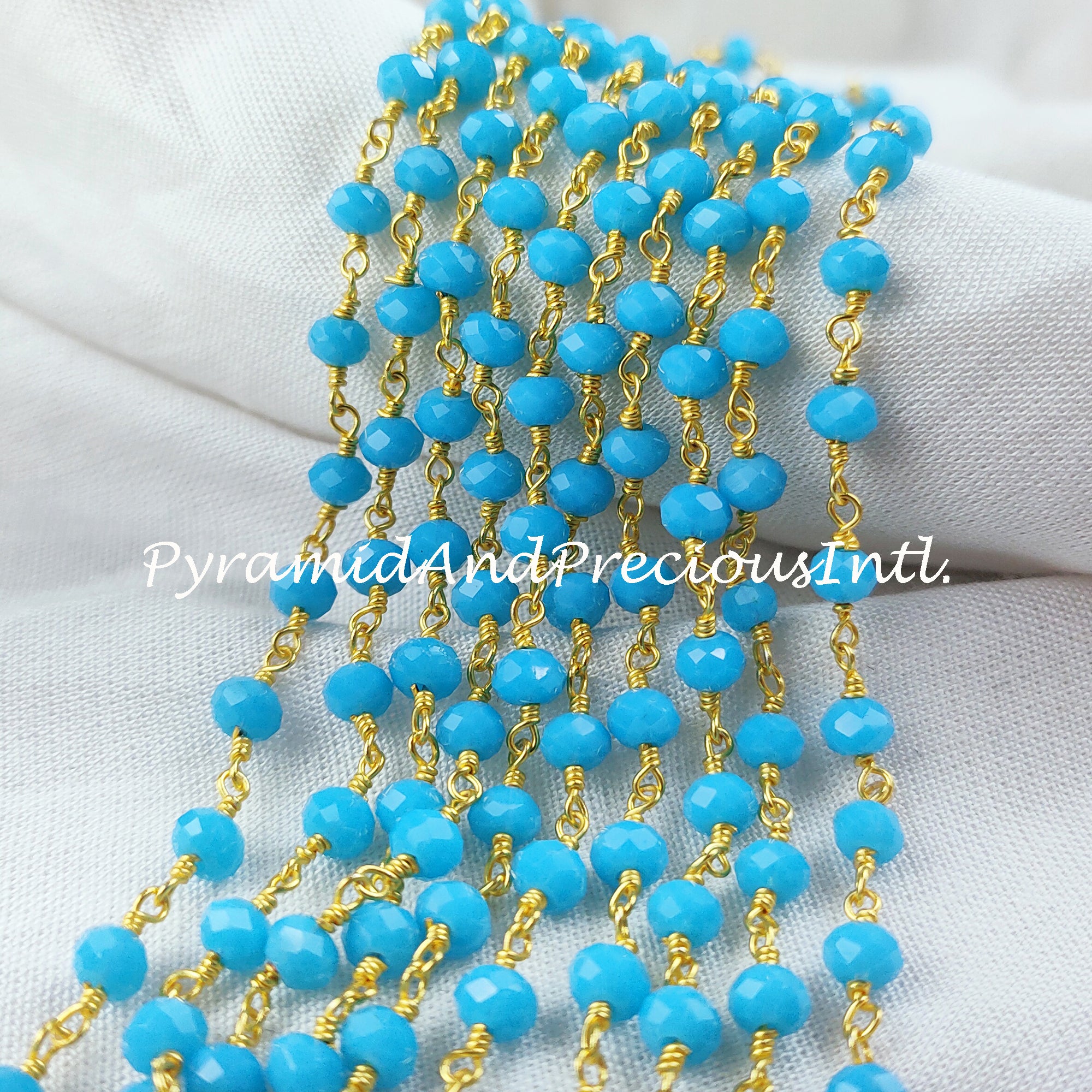 Blue Chalcedony Gemstone Rosary Chain, 4-4.5mm Beads Chain, 14K Gold Plated Wire Wrapped Beaded Chain – SELLING BY FOOT