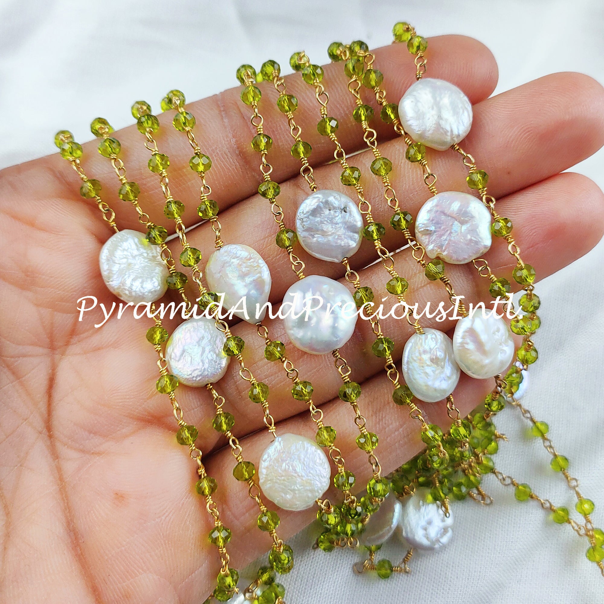 Peridot Beaded Chain, Mother Of Pearl Wire Wrapped Chain, Rosary Bead Chain, Jewelry Making Chain, DIY Chain – SELLING BY FOOT