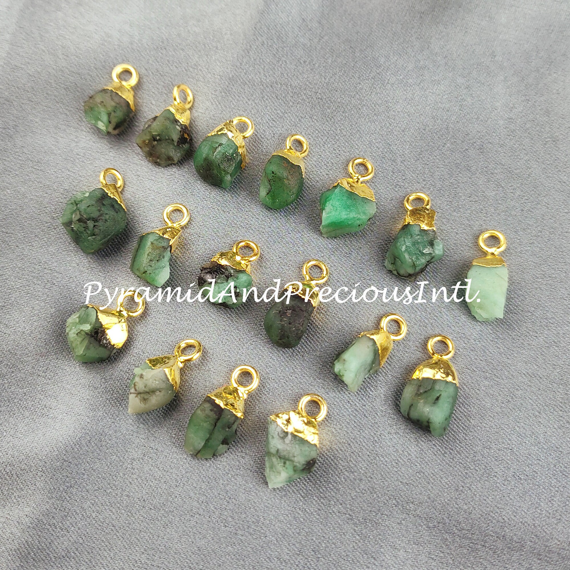 Raw Emerald Charm, Gold Electroplated Pendant Connectors, Rough Gemstone Connectors, Sold By Piece