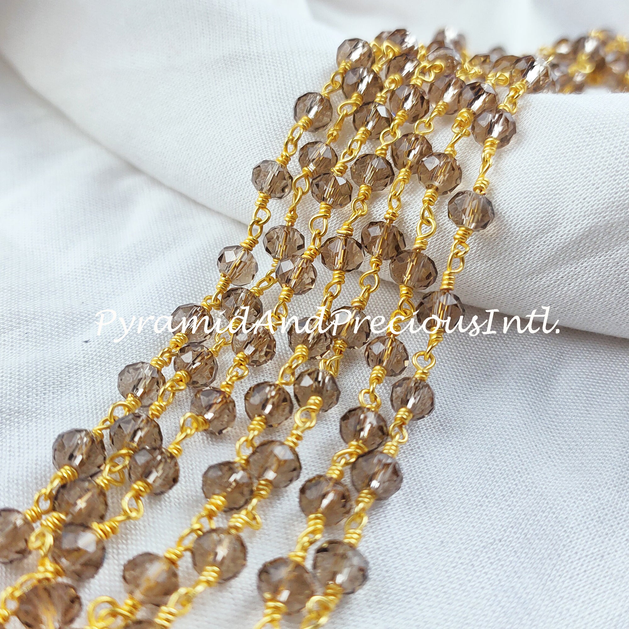 Smoky Quartz Gemstone Rosary Chain, 5.5-6mm Beads Chain, 14K Gold Plated Wire Wrapped Beaded Chain – SELLING BY FOOT