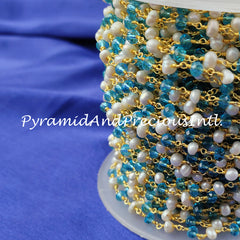 Blue Topaz Faceted Rondelle Beaded Rosary Chain, Pearl Gold Plated Wire, Jewelry Making Chain – SELLING BY FOOT
