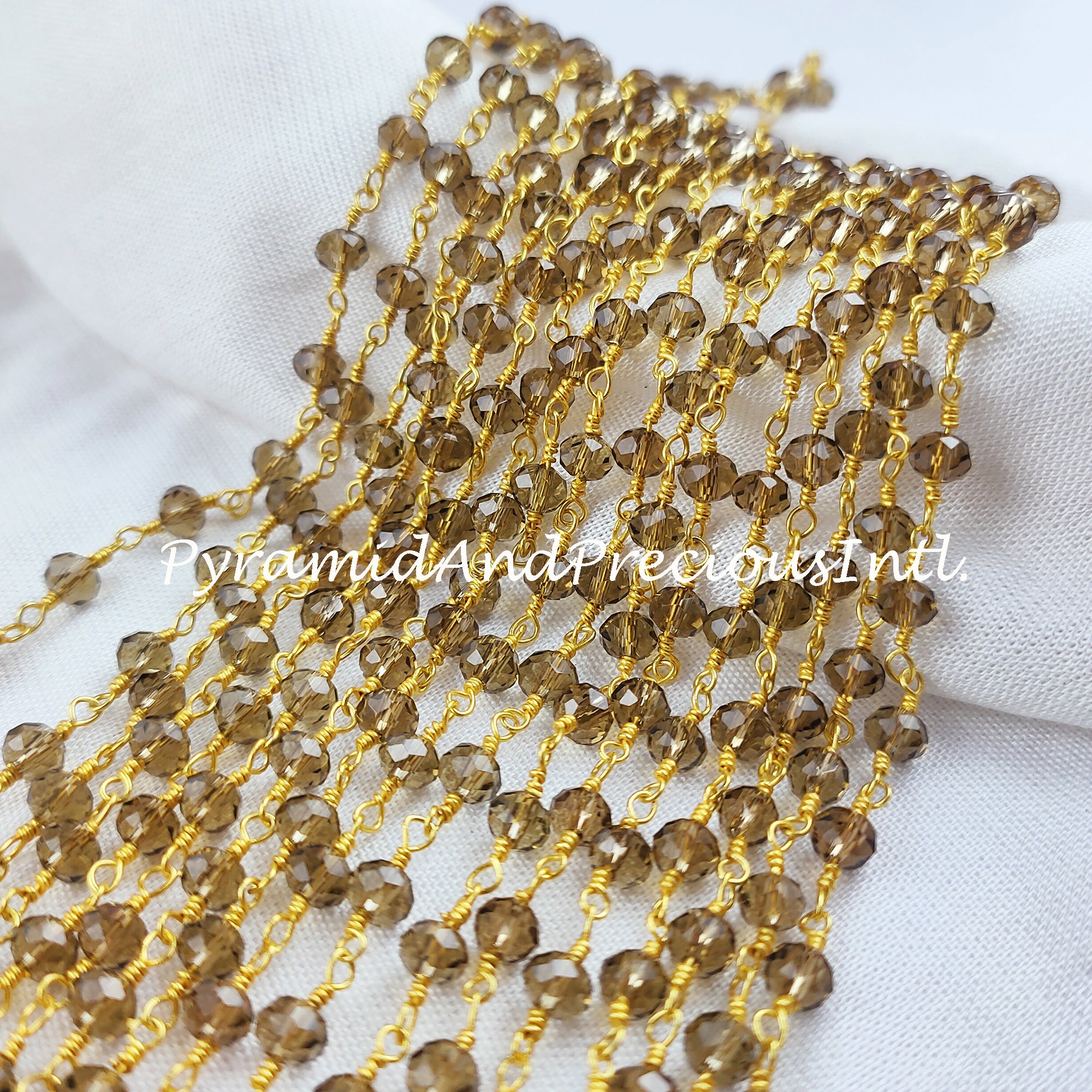 Smoky Quartz Gemstone Rosary Chain, 4-4.5mm Beads Chain, 14K Gold Plated Wire Wrapped Beaded Chain – SELLING BY FOOT