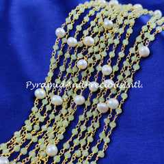 Green Chalcedony Beaded Rosary Chain, Pearl Rondelle Faceted 3-3.5mm, 14K Gold Plated Chain – SELLING BY FOOT
