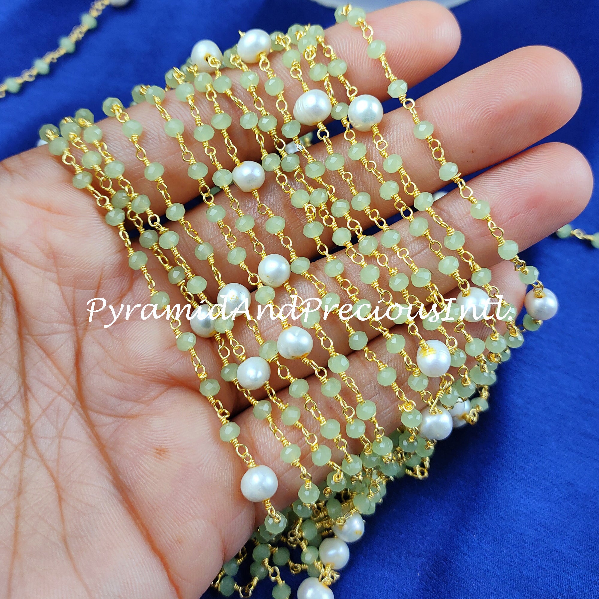 Green Chalcedony Beaded Rosary Chain, Pearl Rondelle Faceted 3-3.5mm, 14K Gold Plated Chain – SELLING BY FOOT