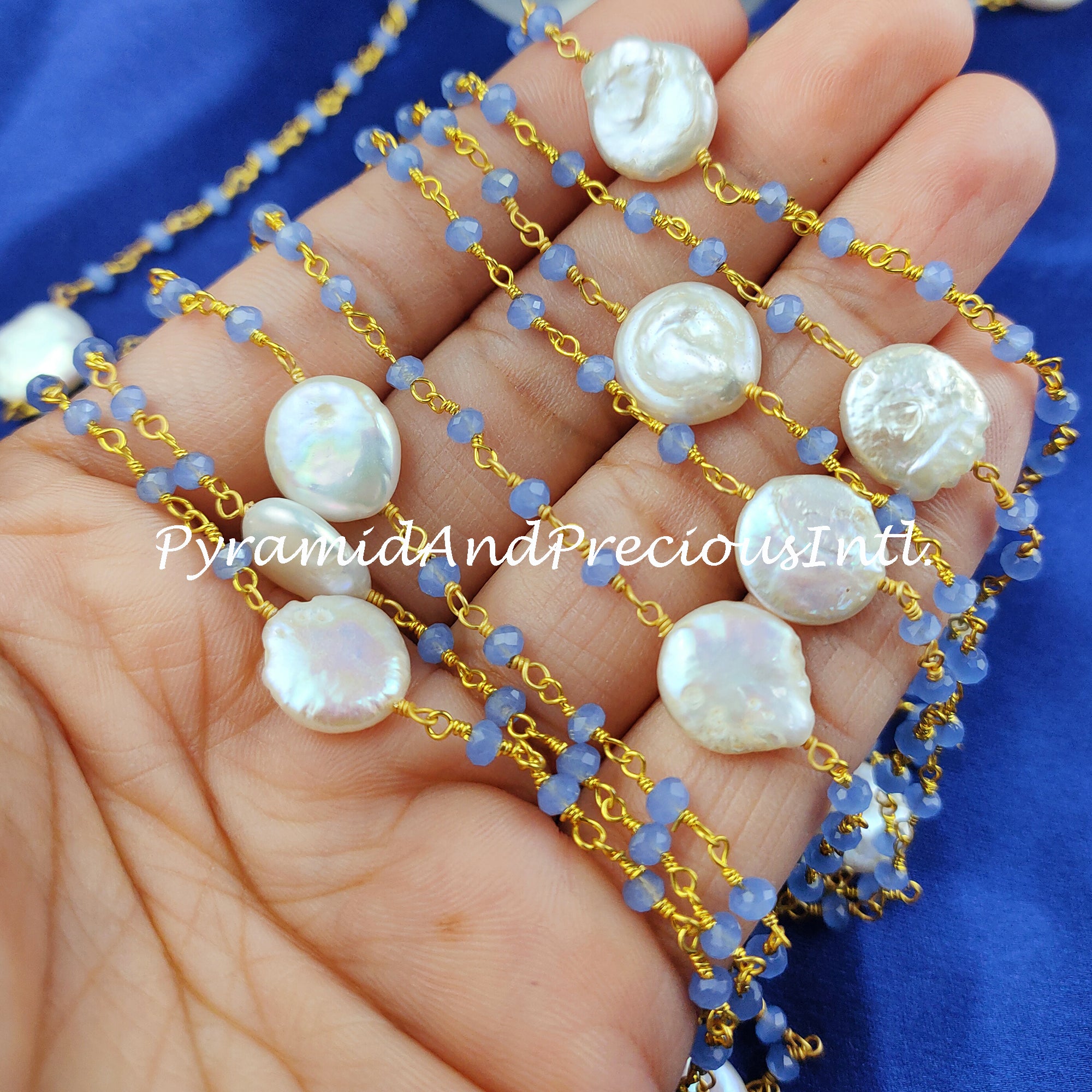 Chalcedony Beaded Chain, Mother Of Pearl Necklace Chain, Wire Wrapped Gemstone Beaded Chain – SELLING BY FOOT