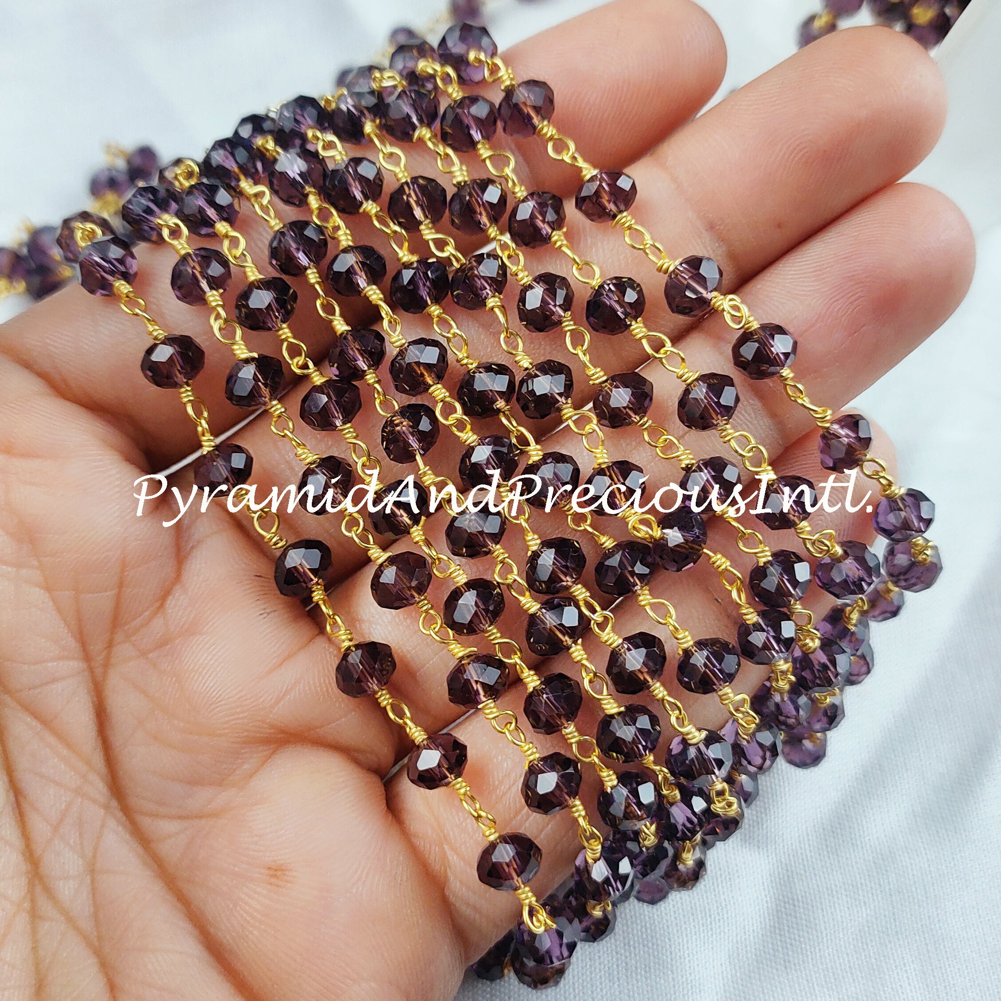 Amethyst Wire Wrapped Beaded Chain, 14K Gold Plated 5-6mm Beaded Chain, DIY Crystal Wire Wrapped Rosary Chain– SELLING BY FOOT