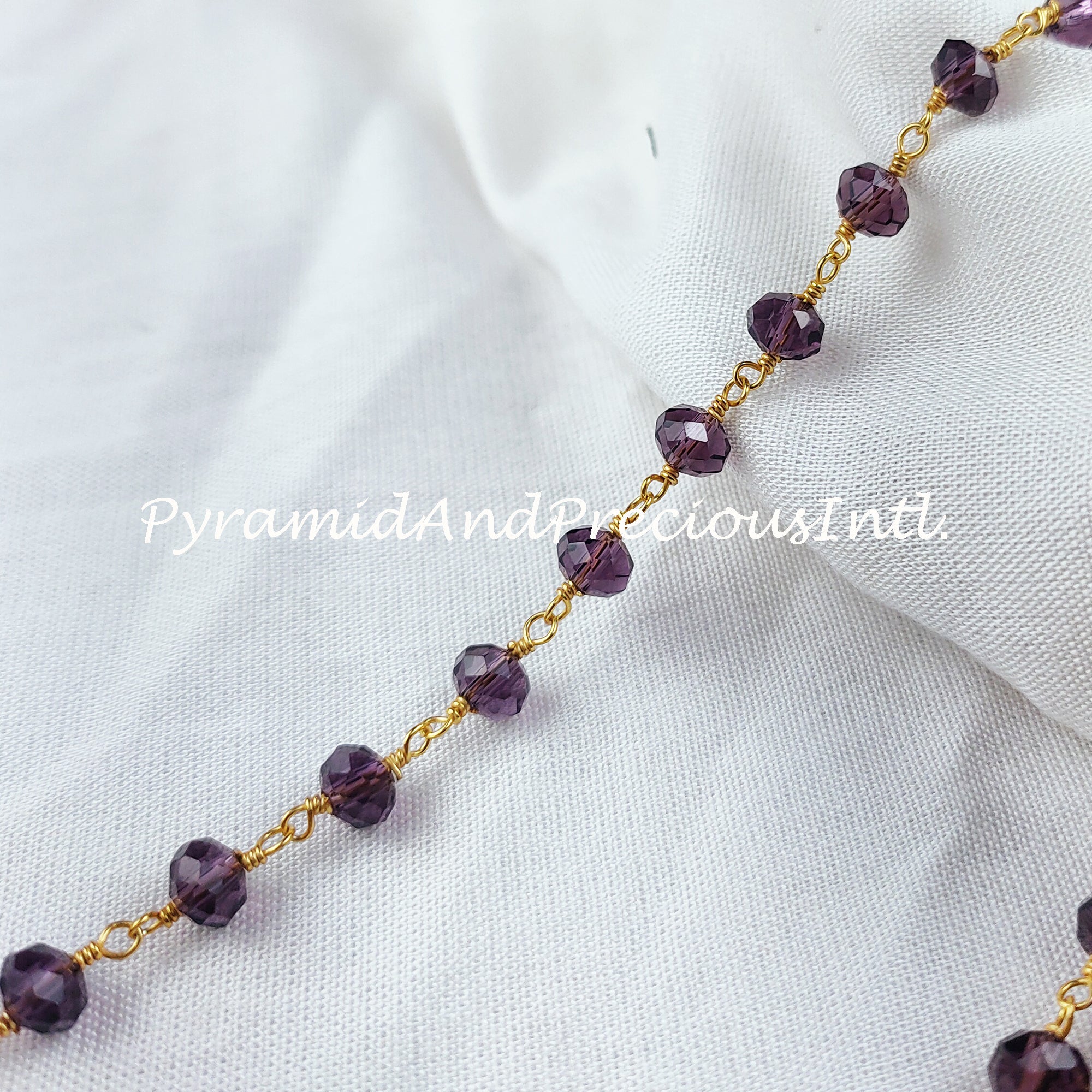 Amethyst Wire Wrapped Beaded Chain, 14K Gold Plated 5-6mm Beaded Chain, DIY Crystal Wire Wrapped Rosary Chain– SELLING BY FOOT