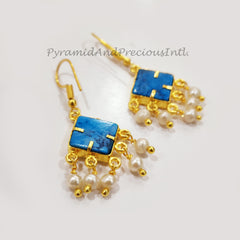 14K Gold Plated Pearl Hydro And Turquoise Howlite Earrings, December Birthstone, Sold By Pair