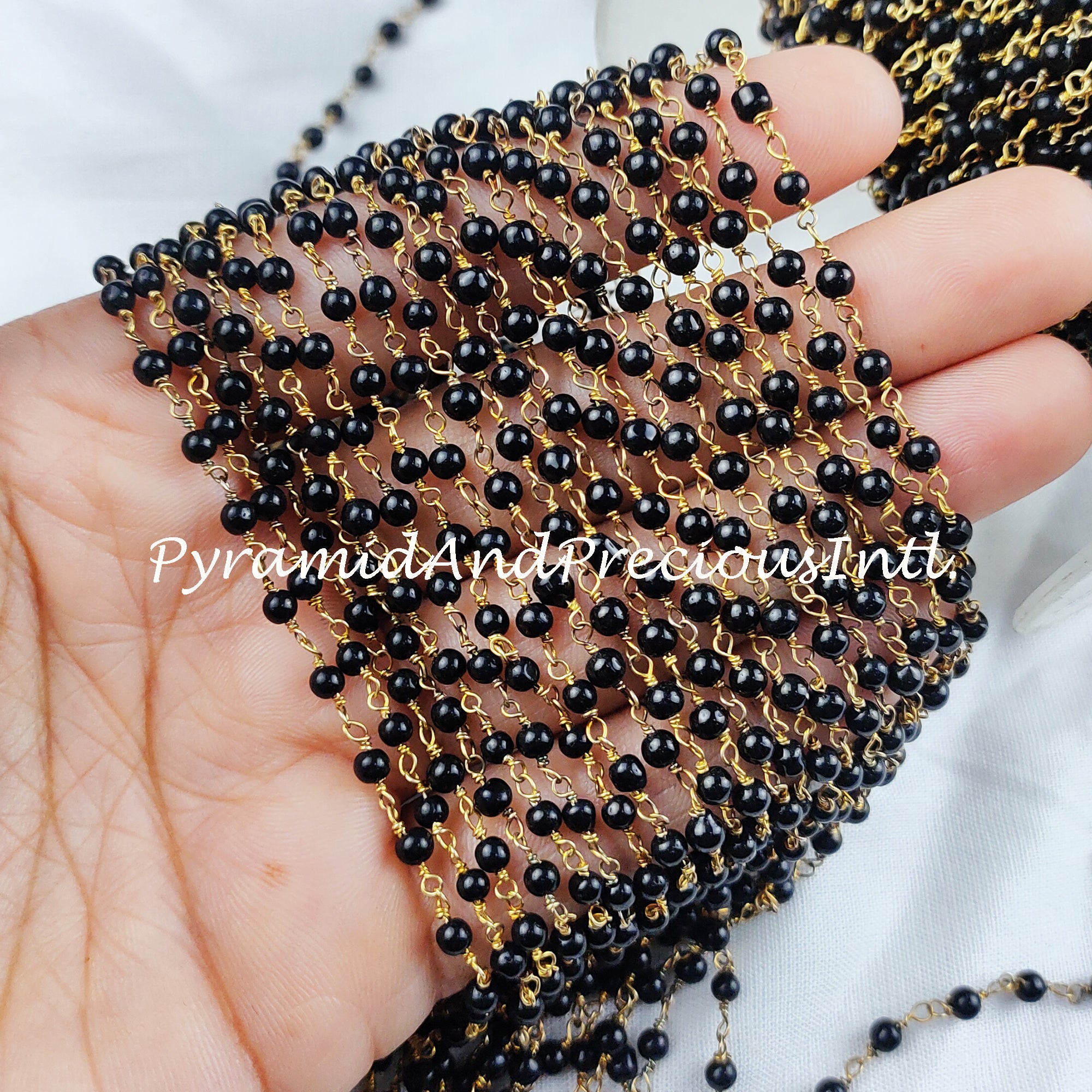 Black Onyx Beaded Rosary Chain, Smooth Round 3-4mm Beaded Gold Plated Chain, Jewelry Findings– SELLING BY FOOT