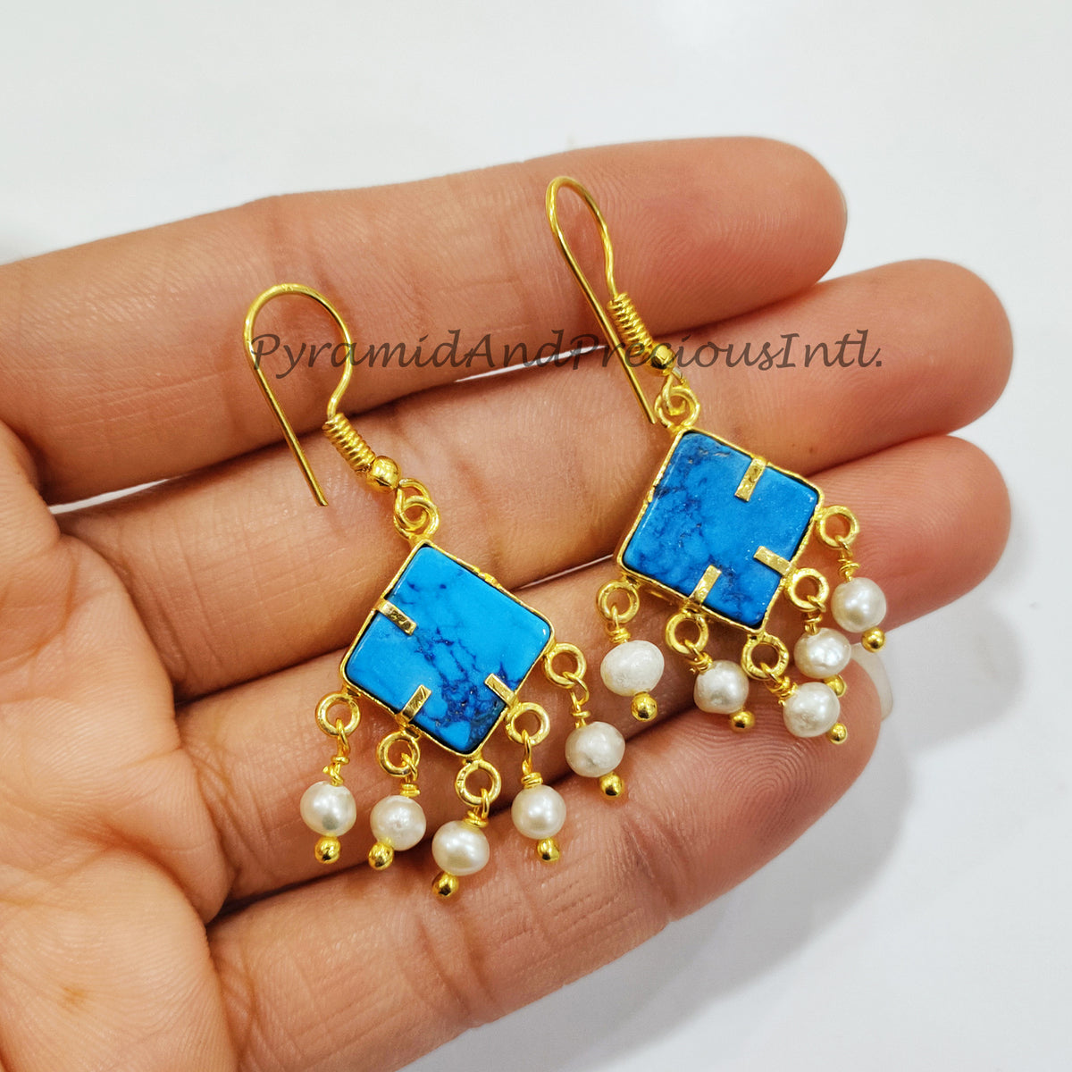 14K Gold Plated Pearl Hydro And Turquoise Howlite Earrings, December Birthstone, Sold By Pair