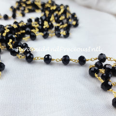 Black Onyx Rosary Chain, 14K Gold Plated Wire Wrap Chain, Rondelle Rosary, Rosary Chain For Making Jewelry– SELLING BY FOOT