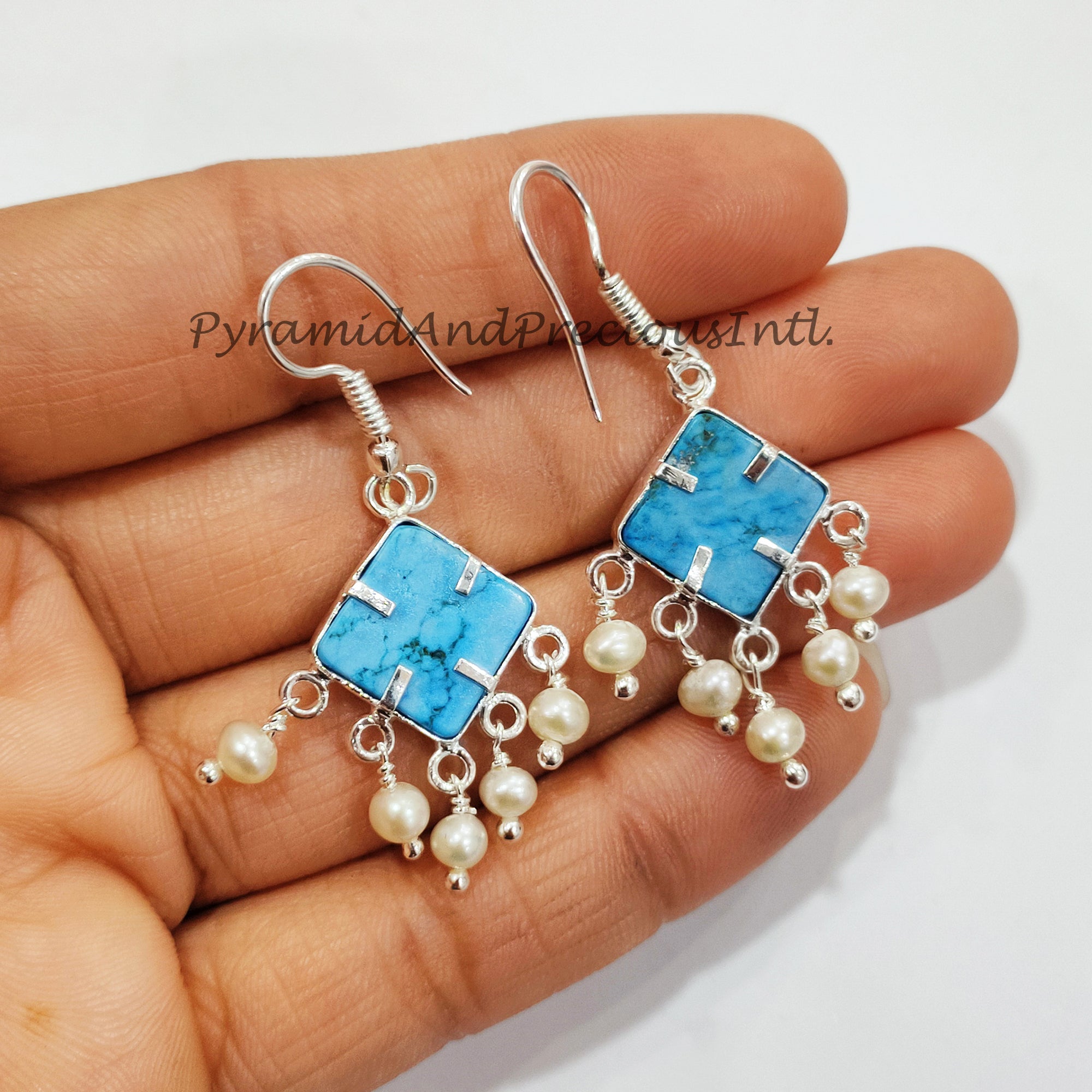 Turquoise Howlite Earrings, Dainty Pearl Hydro Earrings, December Birthstone, Sold By Pair