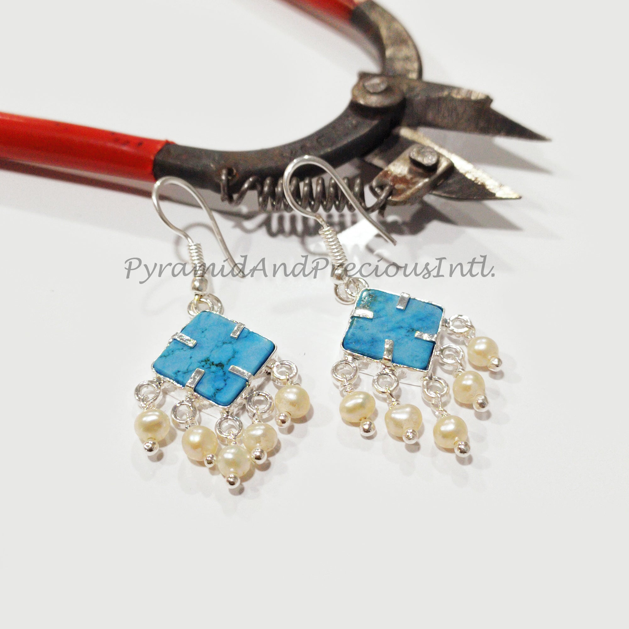 Turquoise Howlite Earrings, Dainty Pearl Hydro Earrings, December Birthstone, Sold By Pair