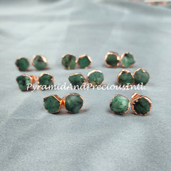 Raw Emerald Electroplated Stud Earrings, Copper Jewelry, Emerald Jewelry, Gemstone Earrings, Stud Earrings, Sold By Pair