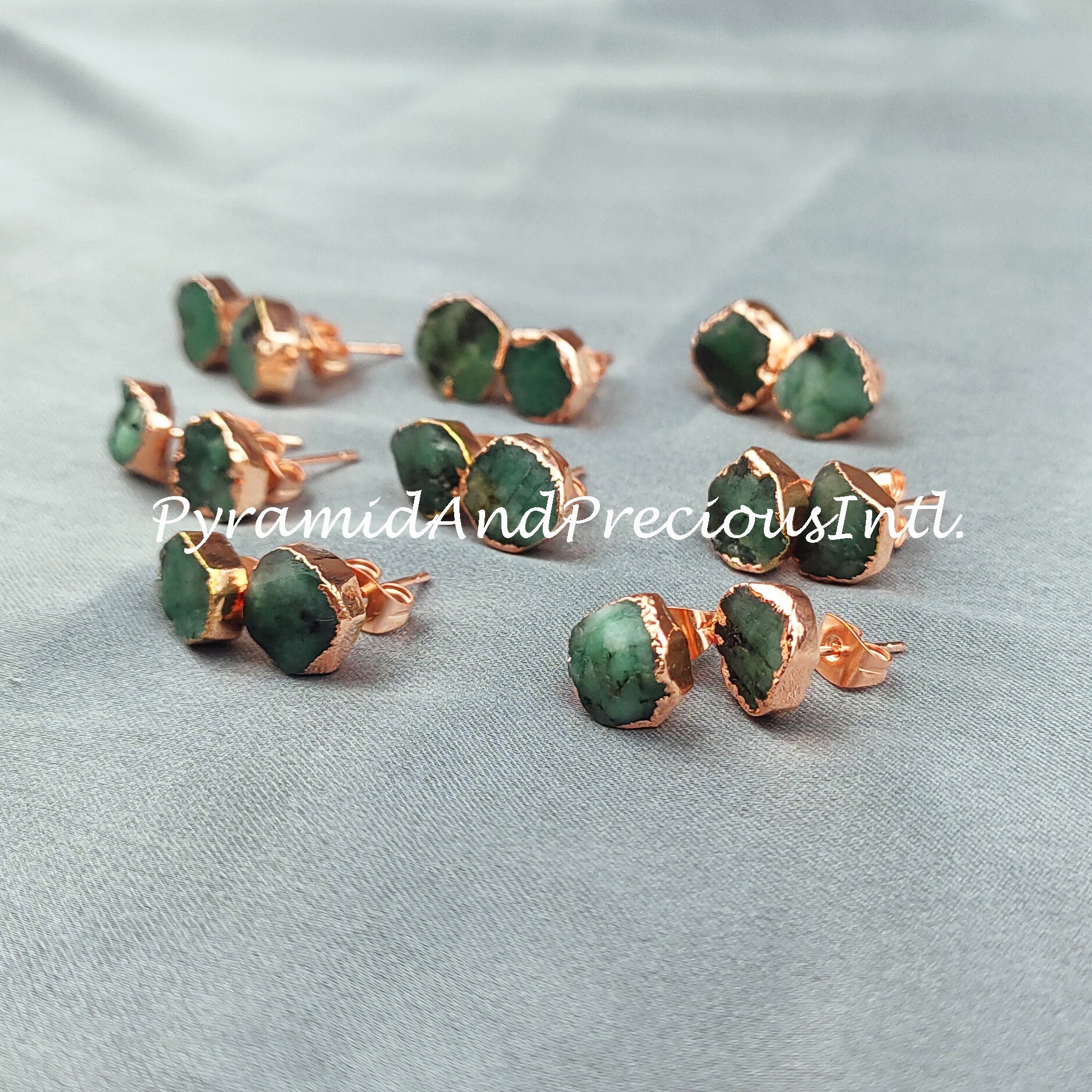 Raw Emerald Electroplated Stud Earrings, Copper Jewelry, Emerald Jewelry, Gemstone Earrings, Stud Earrings, Sold By Pair