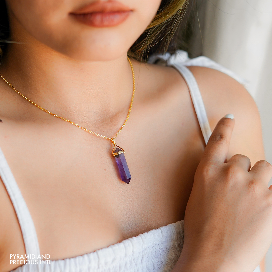 Natural Amethyst Necklace, Pencil Pendant, Gold Plated Necklace, February Birthstone Necklace