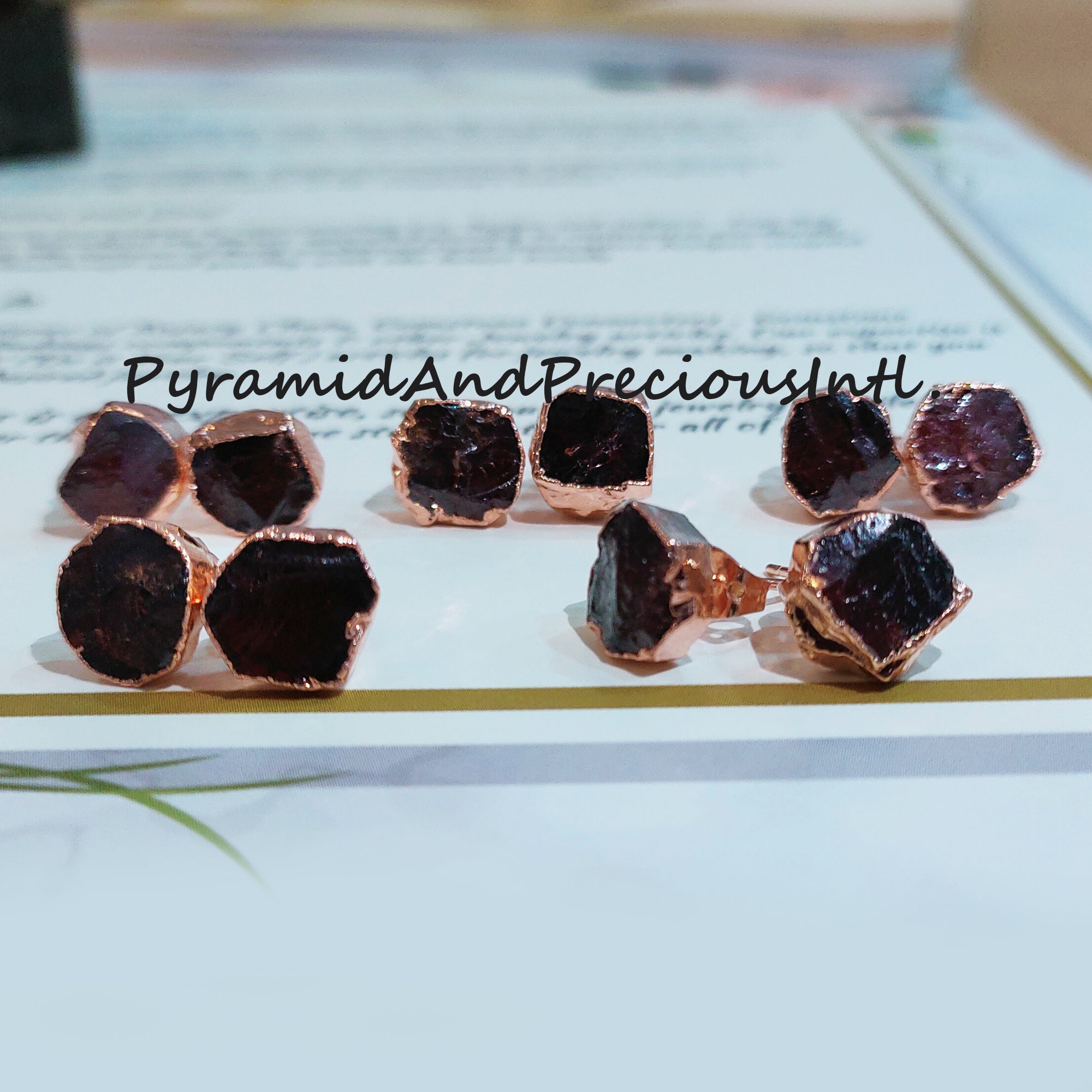 Raw Garnet Electroplated Stud Earrings, Copper Jewelry, January Birthstone, Sold By One Pair