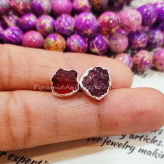 Raw Garnet Silver Electroplated Stud Earrings, January Birthstone, Sold By Piece