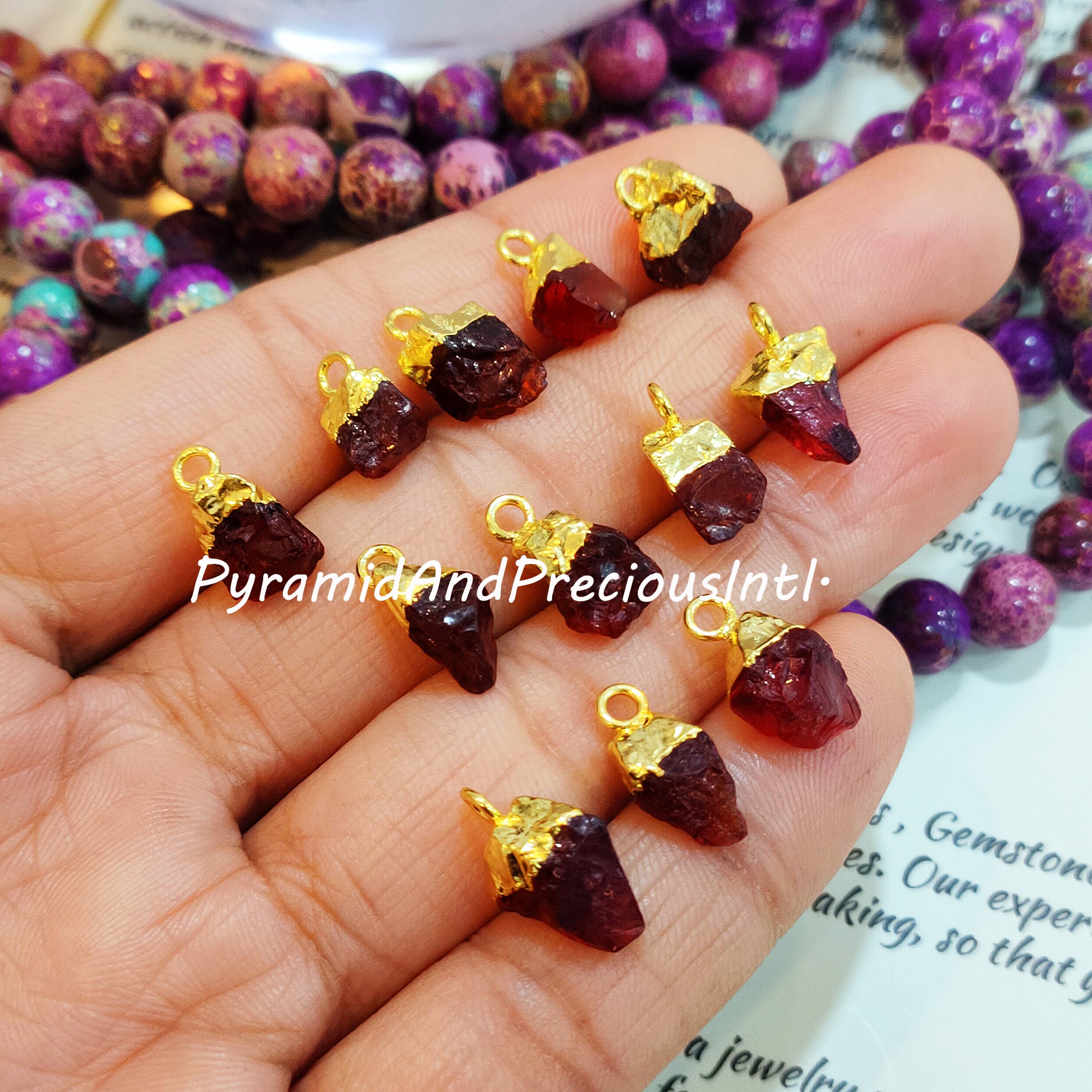 Natural Raw Red Garnet Gold Electroplated Connectors, January Birthstone, Sold By Piece