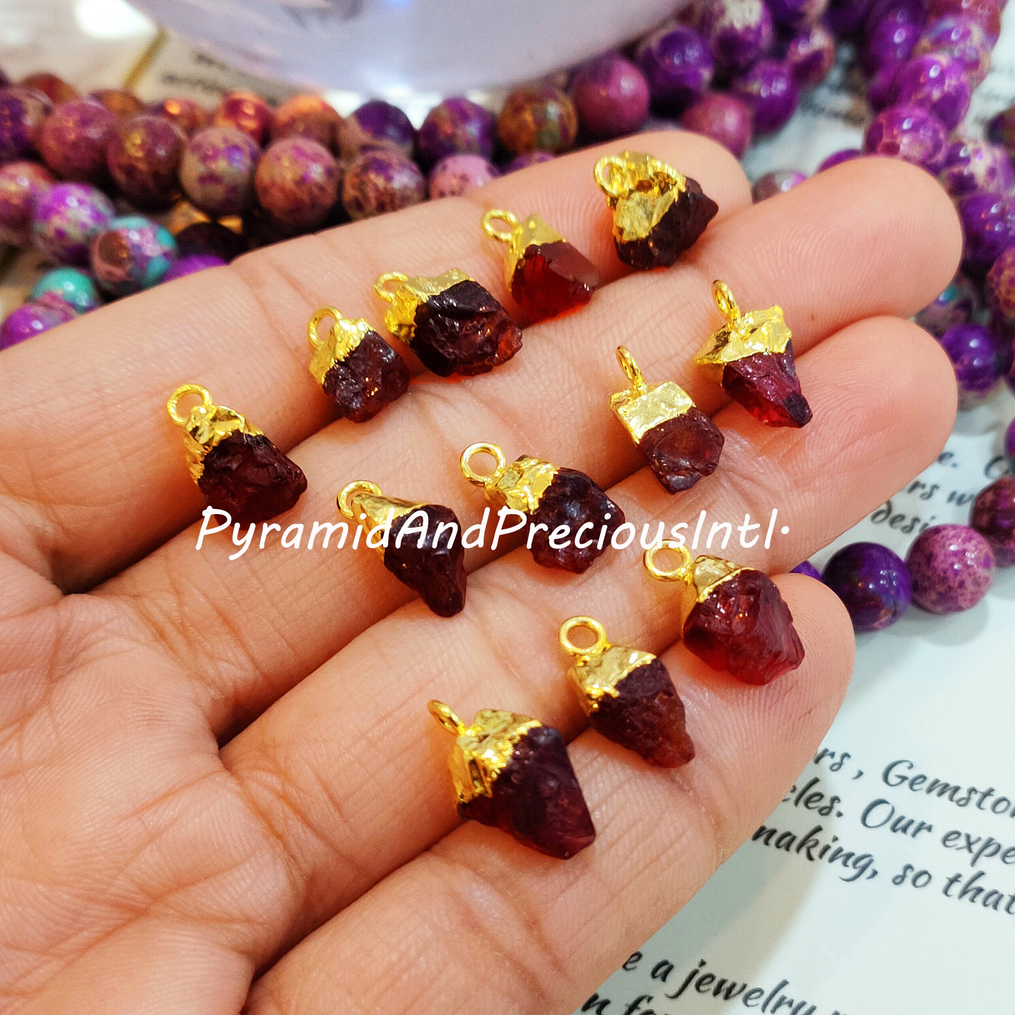 Natural Raw Red Garnet Gold Electroplated Connectors, January Birthstone, Sold By Piece