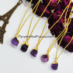 Natural Raw Purple Amethyst Gold Electroplated Pendant Necklace, February Birthstone, Sold By Piece