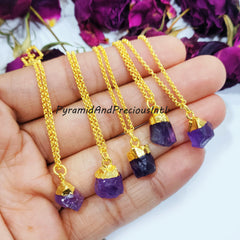 Natural Raw Purple Amethyst Gold Electroplated Pendant Necklace, February Birthstone, Sold By Piece