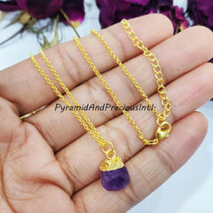 Natural Raw Purple Amethyst Gold Electroplated Pendant Necklace, February Birthstone, Sold By Piece