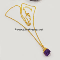 Natural Raw Purple Amethyst Gold Electroplated Pendant Necklace, February Birthstone, Sold By Piece