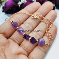 Natural Purple Raw Amethyst Copper Electroplated Bracelet, February Birthstone