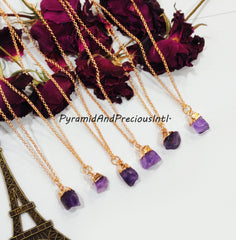 Natural Raw Purple Amethyst Copper Electroplated Pendant Necklace, February Birthstone, Sold By Piece