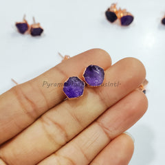 Raw Amethyst Electroplated Stud Earrings, Copper Jewelry, January Birthstone, Sold By Pair