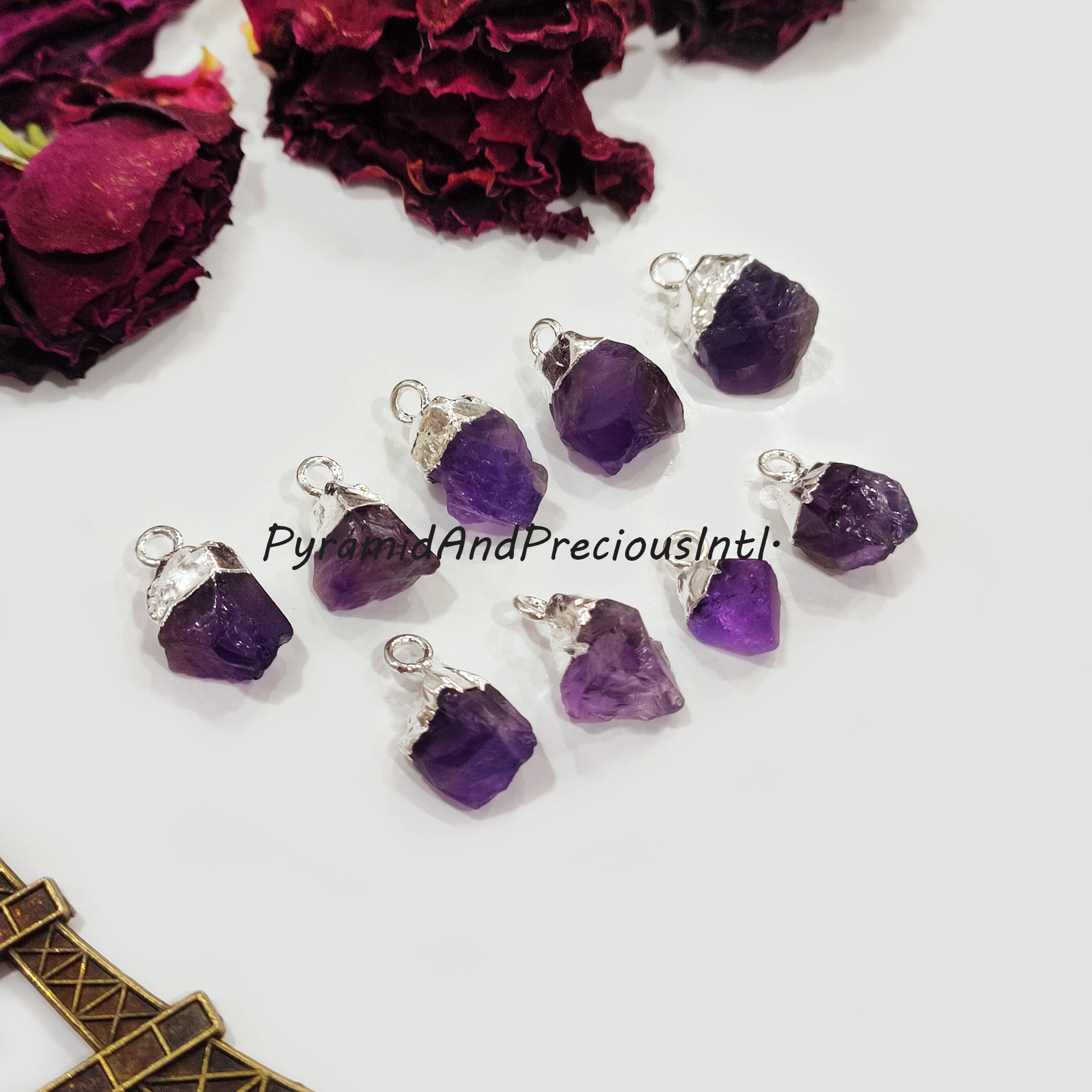 Natural Raw Amethyst Silver Electroplated Pendant Connectors, February Birthstone, Sold By Piece
